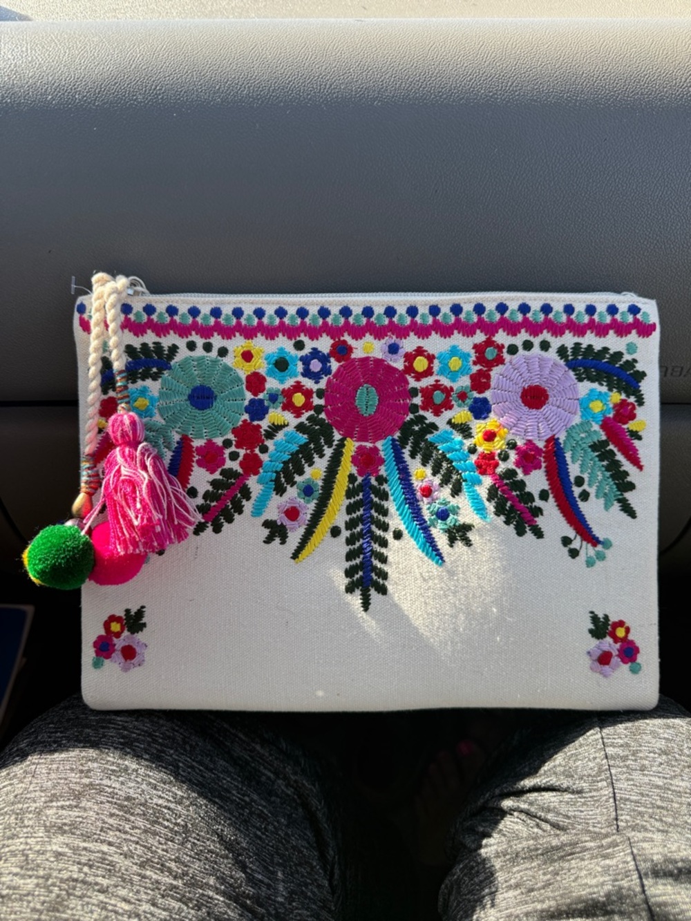Embroidered White Floral Cosmetic Case with Tassel